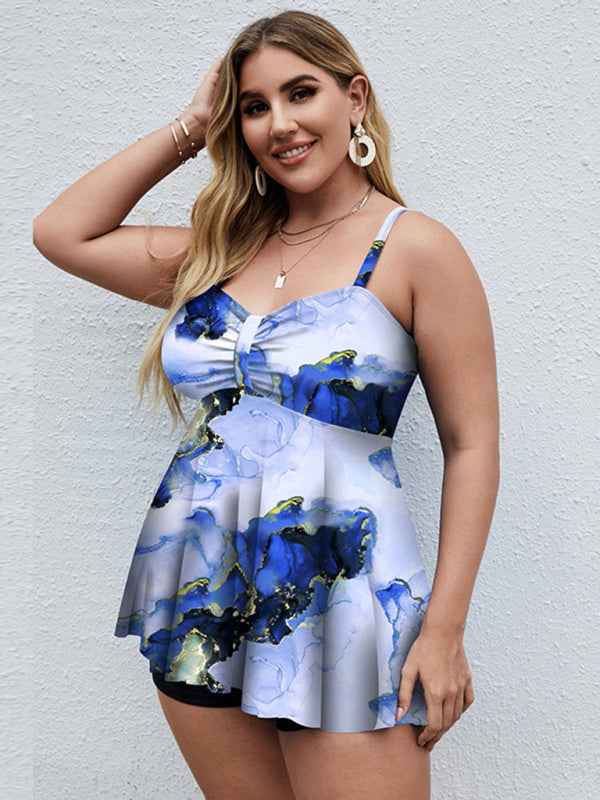 Ladies Plus Size Printed Split Boxer Swimsuit Set - Bohemian Elegance for Spring-Summer