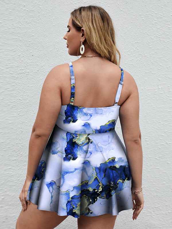 Ladies Plus Size Printed Split Boxer Swimsuit Set - Bohemian Elegance for Spring-Summer
