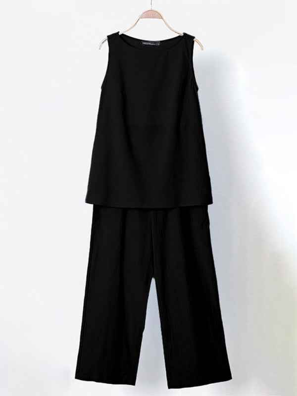 Women Cotton Linen Sleeveless Top + Wide-leg Pants Two-Piece Suit