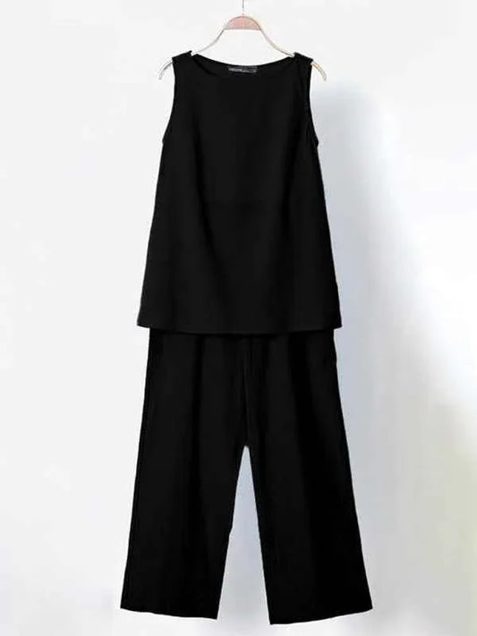 Women Cotton Linen Two-Piece Suit - Sleeveless Top & Wide-Leg Pants - Shello's Creative Boutique