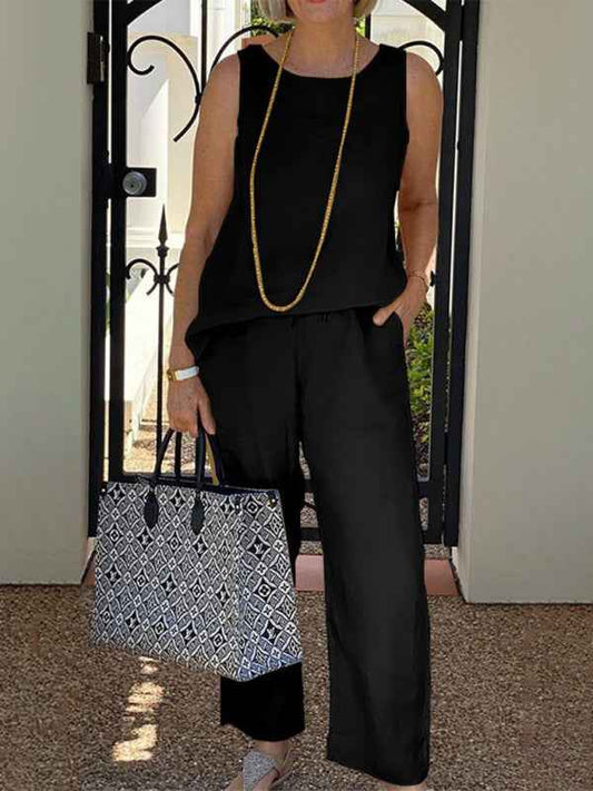 Women Cotton Linen Sleeveless Top + Wide-leg Pants Two-Piece Suit