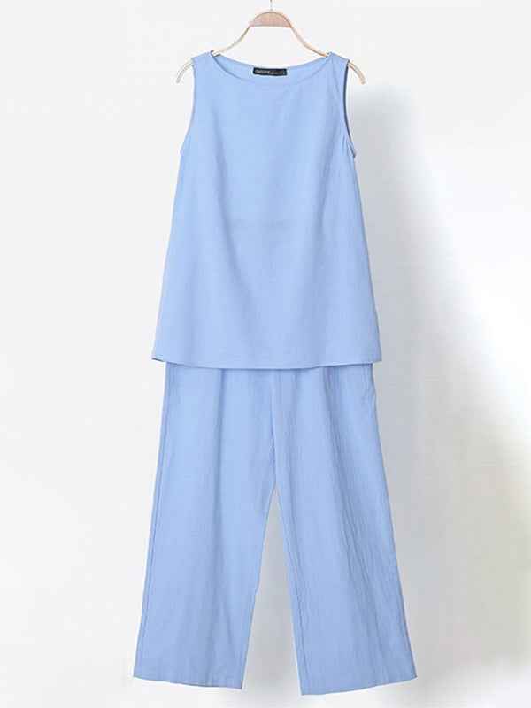 Women Cotton Linen Sleeveless Top + Wide-leg Pants Two-Piece Suit