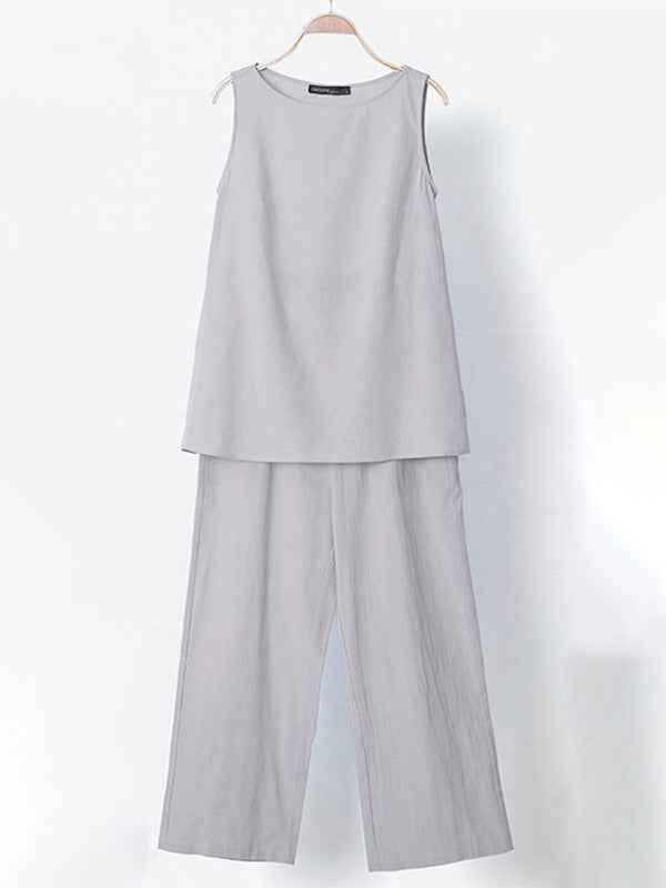Women Cotton Linen Sleeveless Top + Wide-leg Pants Two-Piece Suit