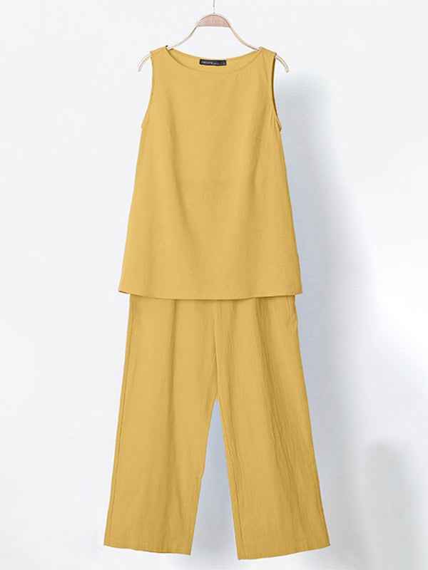 Women Cotton Linen Sleeveless Top + Wide-leg Pants Two-Piece Suit
