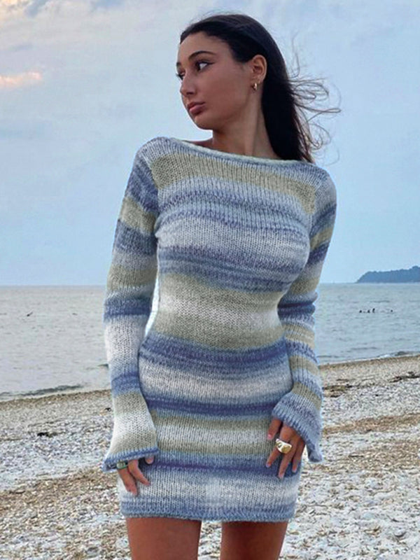 New women's sexy open back bell sleeve striped sweater dress Shello's Creative Boutique