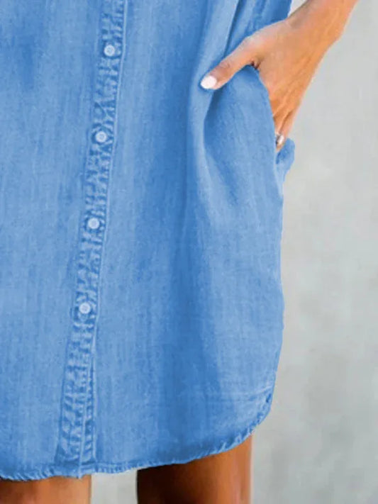Casual Short-Sleeve Blue Slim-Fit Denim Midi Dress - Shello's Creative Boutique