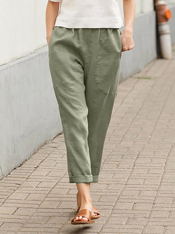 Women's Big Pocket Solid Color Comfortable Cotton Linen Casual Pants Straight Leg Trousers Shello's Creative Boutique