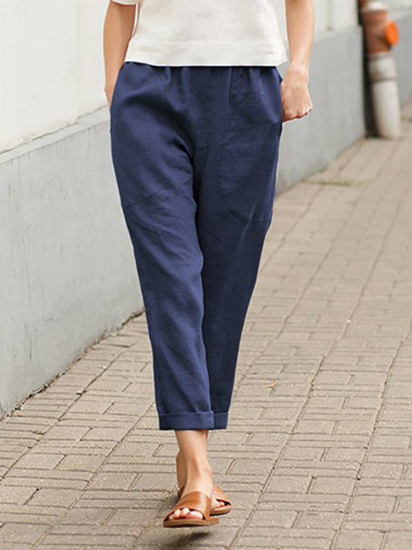 Women's Big Pocket Solid Color Comfortable Cotton Linen Casual Pants Straight Leg Trousers Shello's Creative Boutique