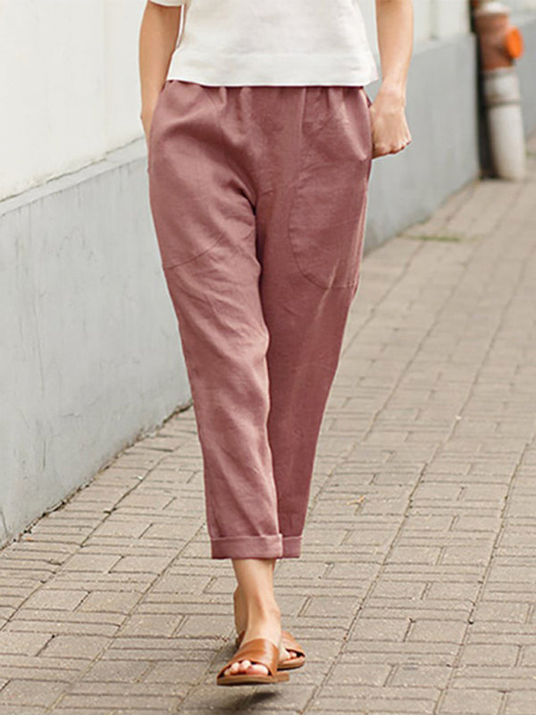 Women's Big Pocket Solid Color Comfortable Cotton Linen Casual Pants Straight Leg Trousers Shello's Creative Boutique
