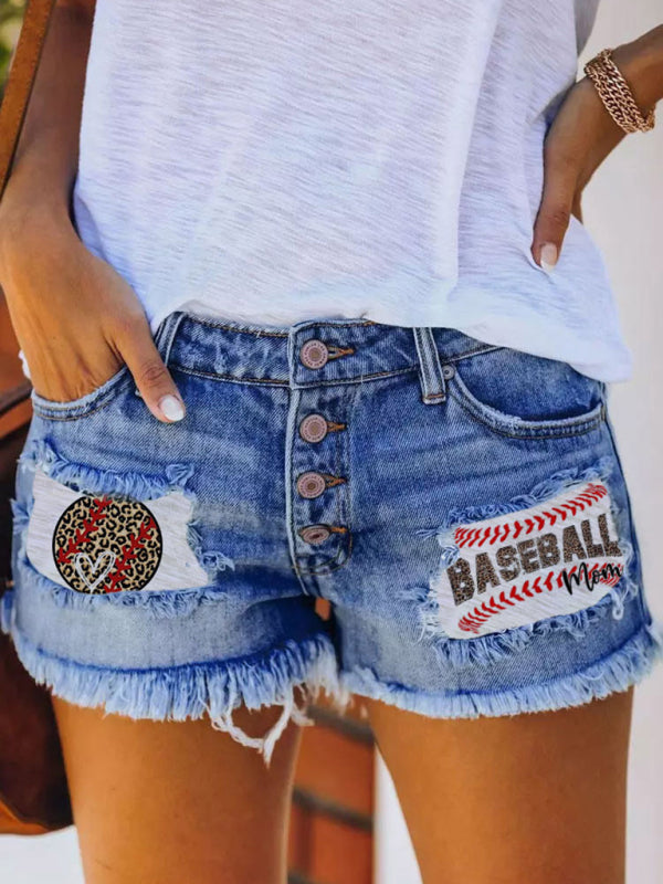 Button-breasted printed patch denim shorts with ripped fringed hot pants Shello Creative Boutique