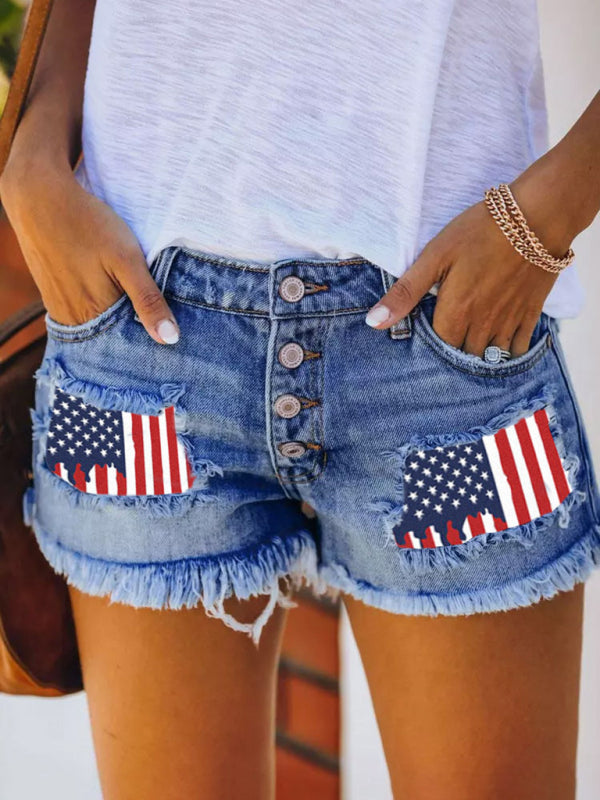 Button-breasted printed patch denim shorts with ripped fringed hot pants Shello Creative Boutique
