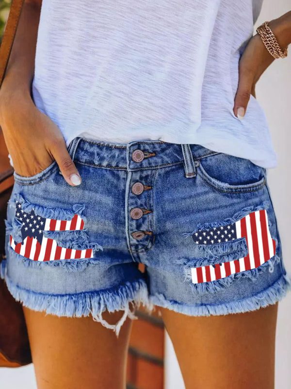 Button-breasted printed patch denim shorts with ripped fringed hot pants Shello Creative Boutique