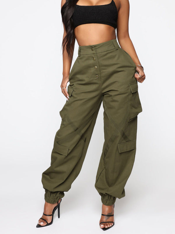 Women's Casual Multi Pocket Button Fly Straight Cargo Trousers Shello's Creative Boutique