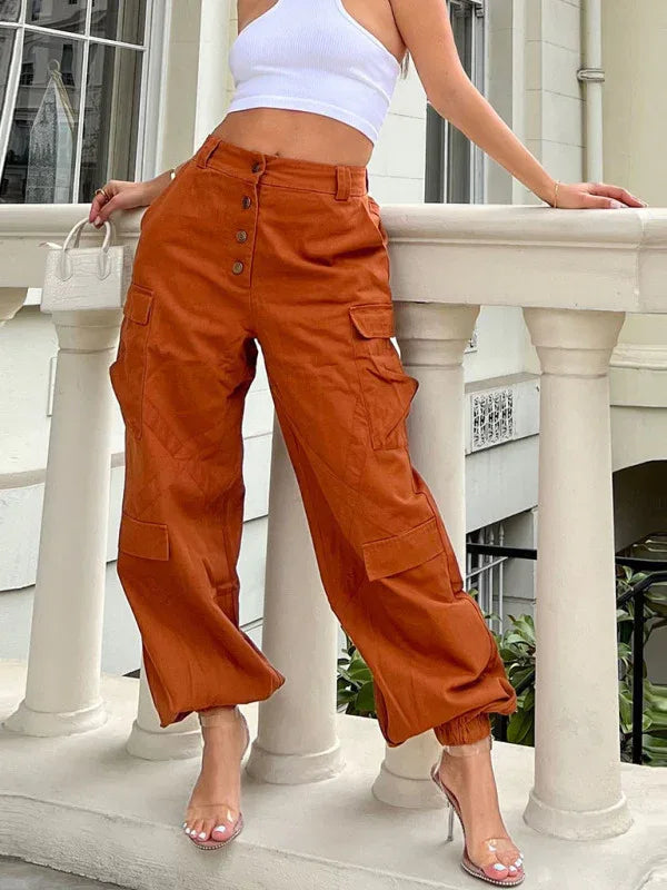 Women's Casual Multi-Pocket Button Fly Straight Cargo Trousers – Effortless Utility & Everyday Comfort - Shello's Creative Boutique