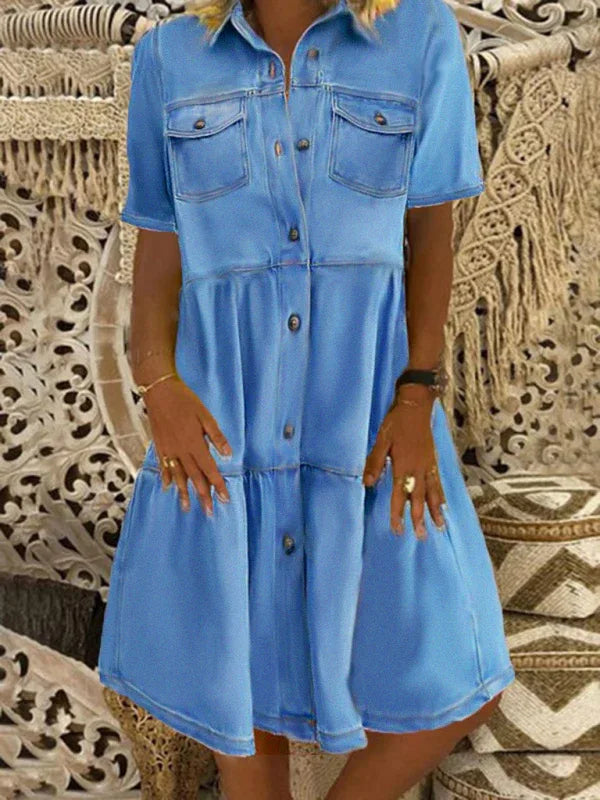 New Ladies Lapel Short Sleeve Button Mid Length Dress - Shello's Creative Boutique