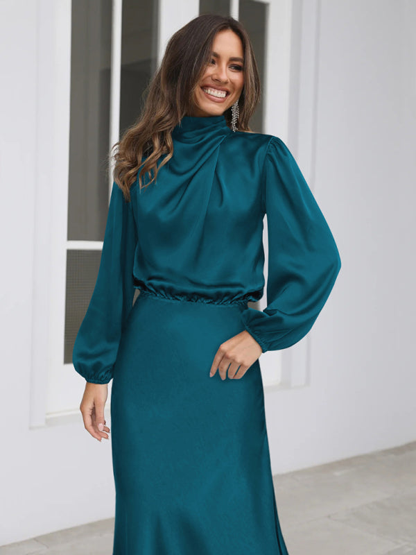 Elegant elegant women's satin long sleeve loose dress Shello Creative Boutique