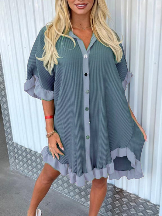 New Solid Color Shirt Dress Ruffle Sleeve Irregular Shirt Dress Shello's Creative Boutique