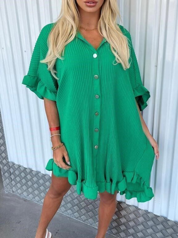 New Solid Color Shirt Dress Ruffle Sleeve Irregular Shirt Dress Shello's Creative Boutique