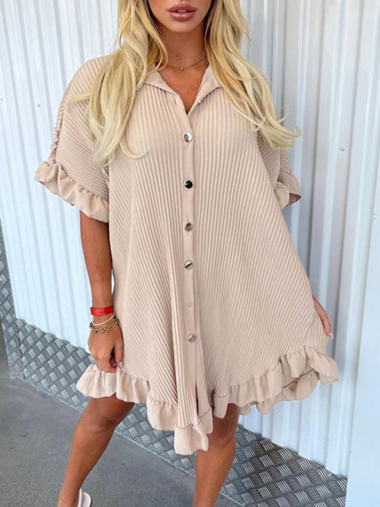 New Solid Color Shirt Dress Ruffle Sleeve Irregular Shirt Dress Shello's Creative Boutique