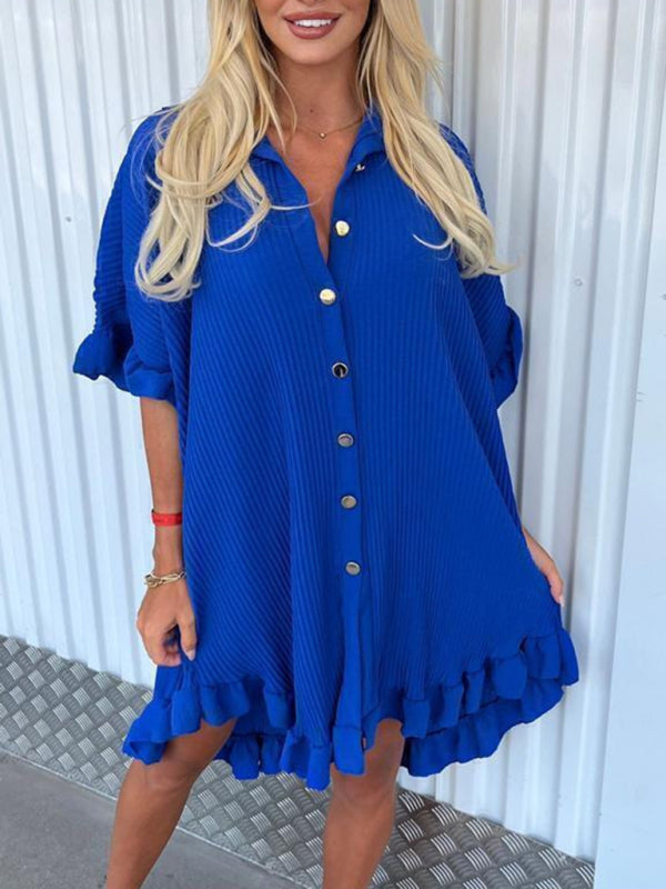 New Solid Color Shirt Dress Ruffle Sleeve Irregular Shirt Dress Shello's Creative Boutique
