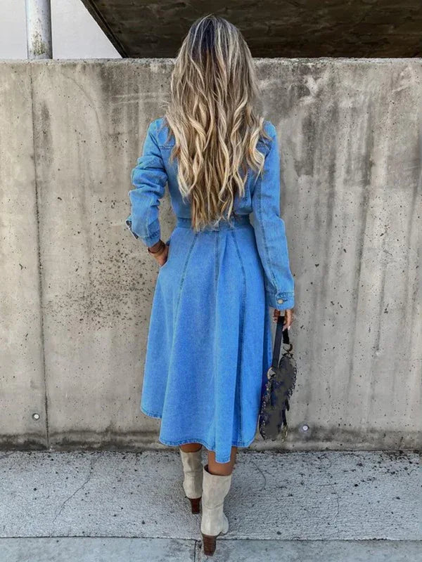 Denim High Waist Lapel Dress with Pockets for Casual Chic Style - Shello's Creative Boutique