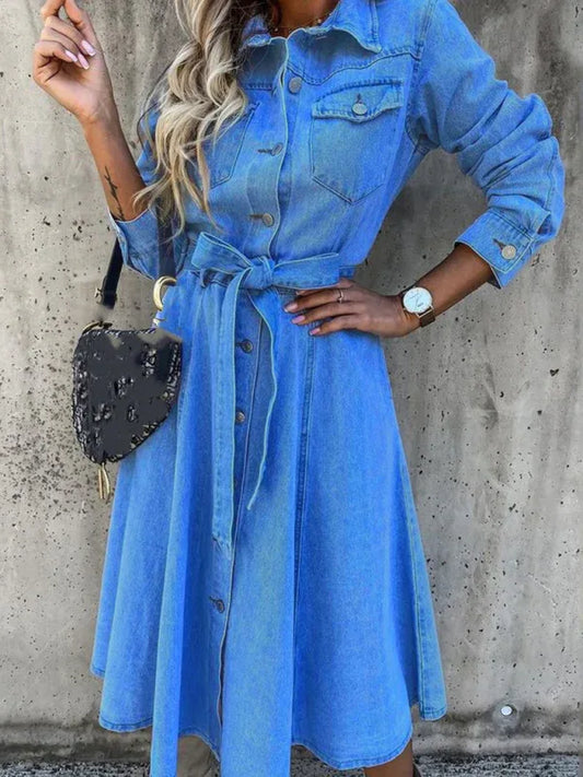 Denim High Waist Lapel Dress with Pockets for Casual Chic Style - Shello's Creative Boutique