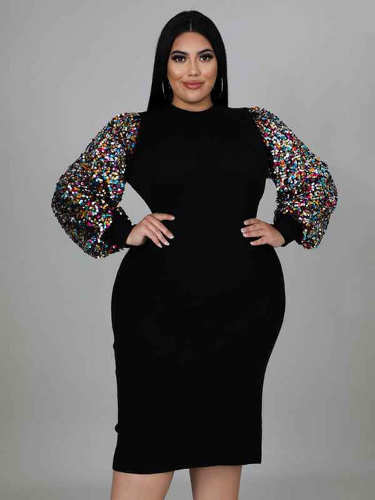 New Plus Size Ladies Sexy Solid Color Sequin Puff Sleeve Dress - Effortless Glamour for All Seasons
