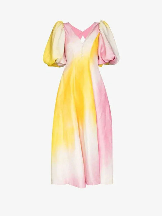 Women's Colourful V-neck Lantern Sleeve Dress – Bold and Graceful for Spring-Summer - Shello's Creative Boutique