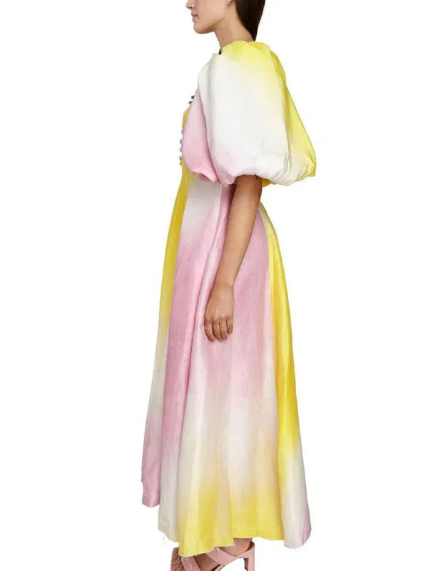 Women's Colourful V-neck Lantern Sleeve Dress – Bold and Graceful for Spring-Summer - Shello's Creative Boutique