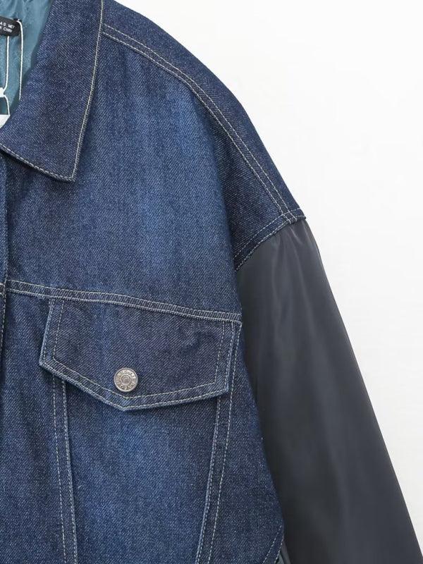 Women's Casual Patchwork Denim Bomber Jacket: - Shello's Creative Boutique
