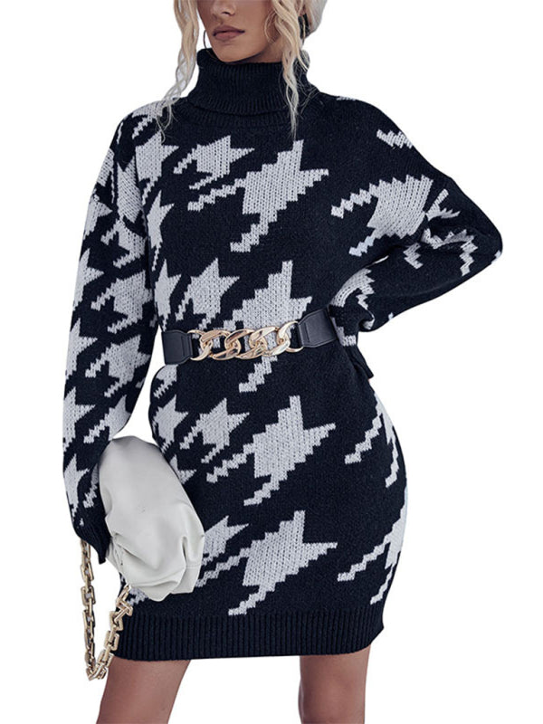 Women's turtleneck loose long sleeve houndstooth sweater dress Shello's Creative Boutique