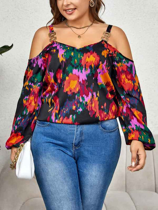 Plus Size Women's Fashionable Graffiti Print Puffy Sleeve Top - Trendy Elegance for Every Occasion