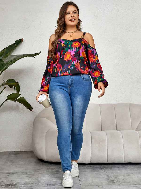 Plus Size Women's Fashionable Graffiti Print Puffy Sleeve Top - Trendy Elegance for Every Occasion