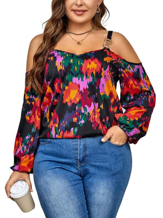 Plus Size Women's Fashionable Graffiti Print Puffy Sleeve Top - Trendy Elegance for Every Occasion