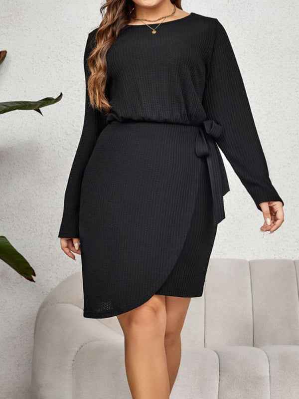 New Plus Size Women's Round Neck Long-Sleeved Waist-Tie Slim Dress - Graceful Elegance for Every Occasion