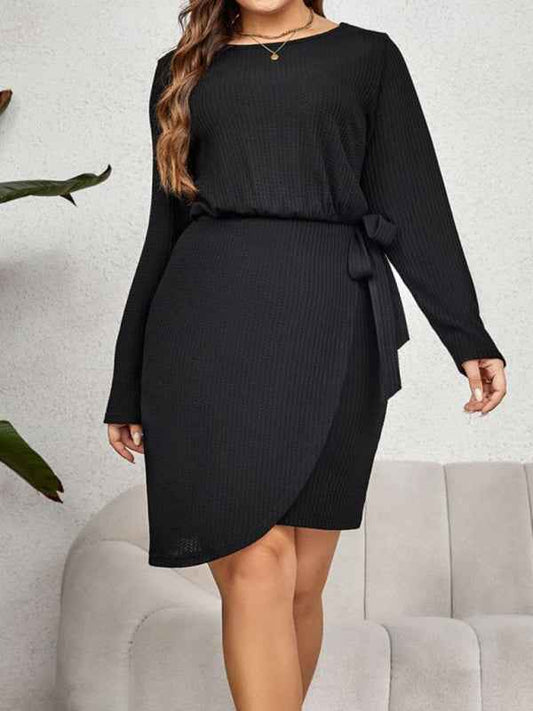 New Plus Size Women's Round Neck Long-Sleeved Waist-Tie Slim Dress - Graceful Elegance for Every Occasion