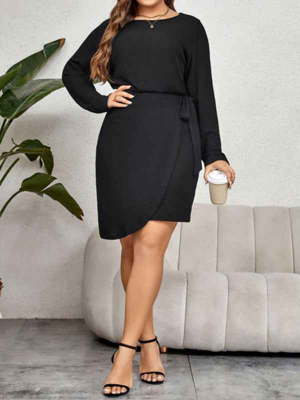 New Plus Size Women's Round Neck Long-Sleeved Waist-Tie Slim Dress - Graceful Elegance for Every Occasion