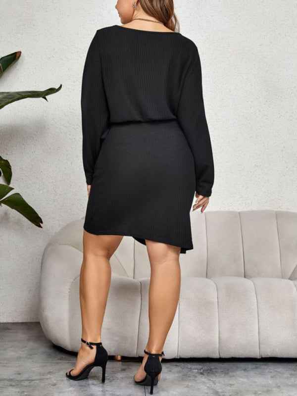 New Plus Size Women's Round Neck Long-Sleeved Waist-Tie Slim Dress - Graceful Elegance for Every Occasion