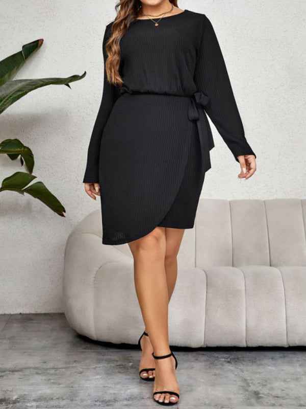 New Plus Size Women's Round Neck Long-Sleeved Waist-Tie Slim Dress - Graceful Elegance for Every Occasion