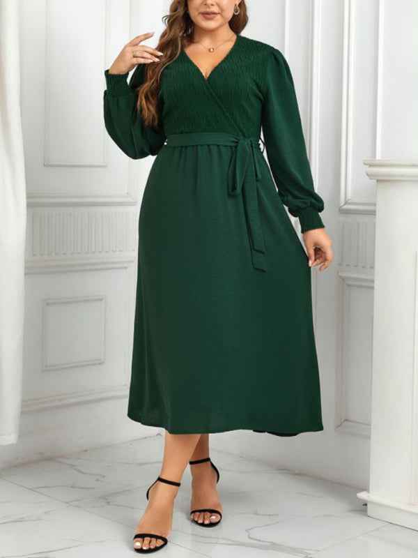 New Plus Size Women's V-Neck Green Design Slimming Dress - Graceful Style for All Seasons