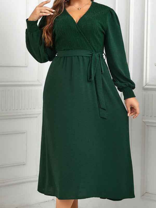 New Plus Size Women's V-Neck Green Design Slimming Dress - Graceful Style for All Seasons