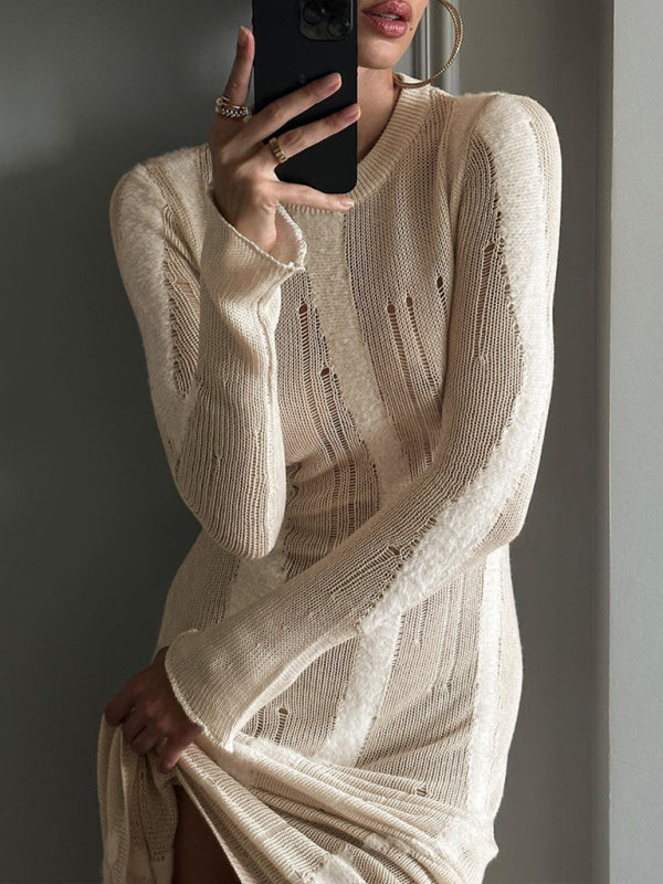 New sexy solid color see-through mini-flared long-sleeved comfortable woolen long skirt Shello's Creative Boutique