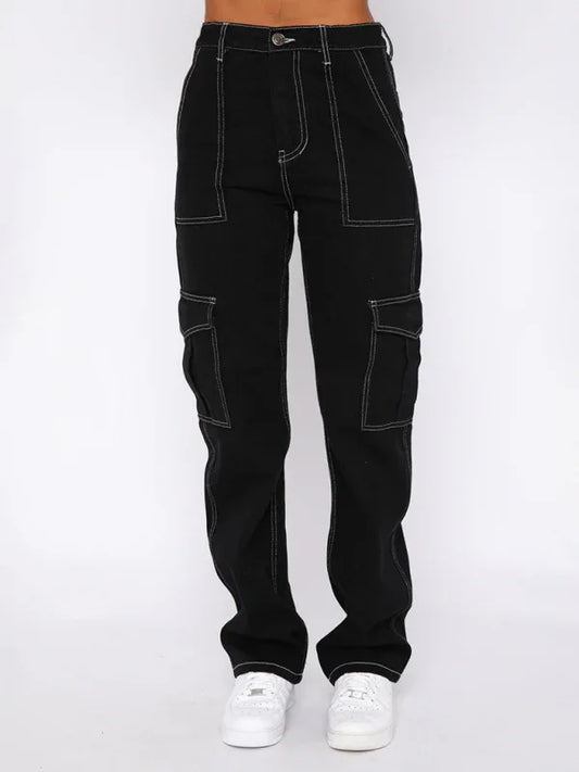 Women's Fashionable Patchwork Straight Multi-Pocket Overalls – Trendy Utility Meets Effortless Style - Shello's Creative Boutique