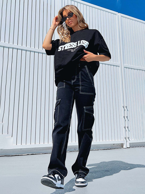 Women's fashionable patchwork straight multi-pocket overalls Shello's Creative Boutique