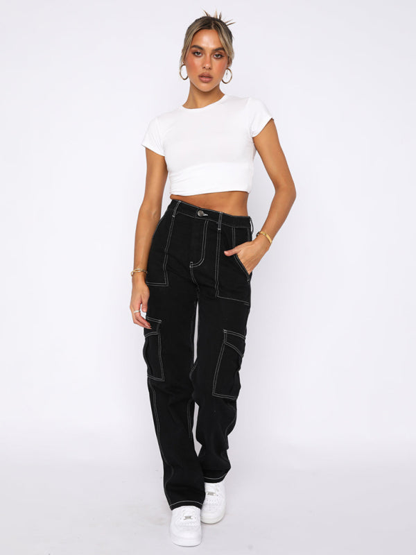 Women's fashionable patchwork straight multi-pocket overalls Shello's Creative Boutique