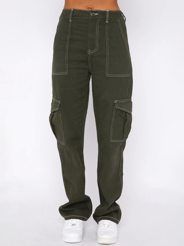 Women's fashionable patchwork straight multi-pocket overalls Shello's Creative Boutique