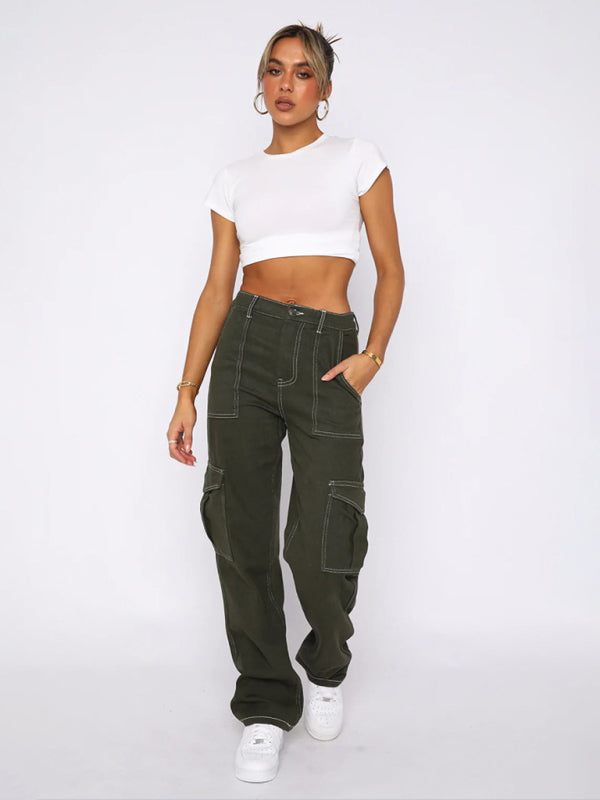 Women's fashionable patchwork straight multi-pocket overalls Shello's Creative Boutique