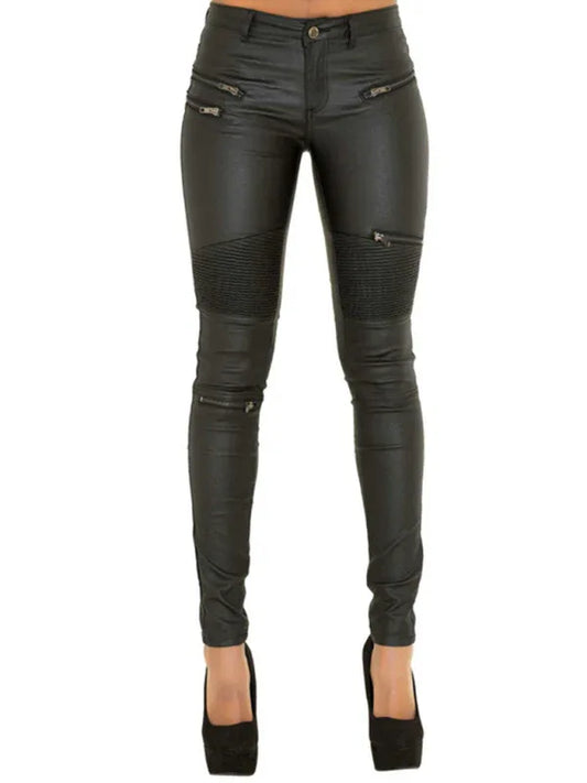 Women's PU Skinny Pants with Multi-Zip Motorcycle Trousers – Edgy Style Meets Everyday Comfort - Shello's Creative Boutique