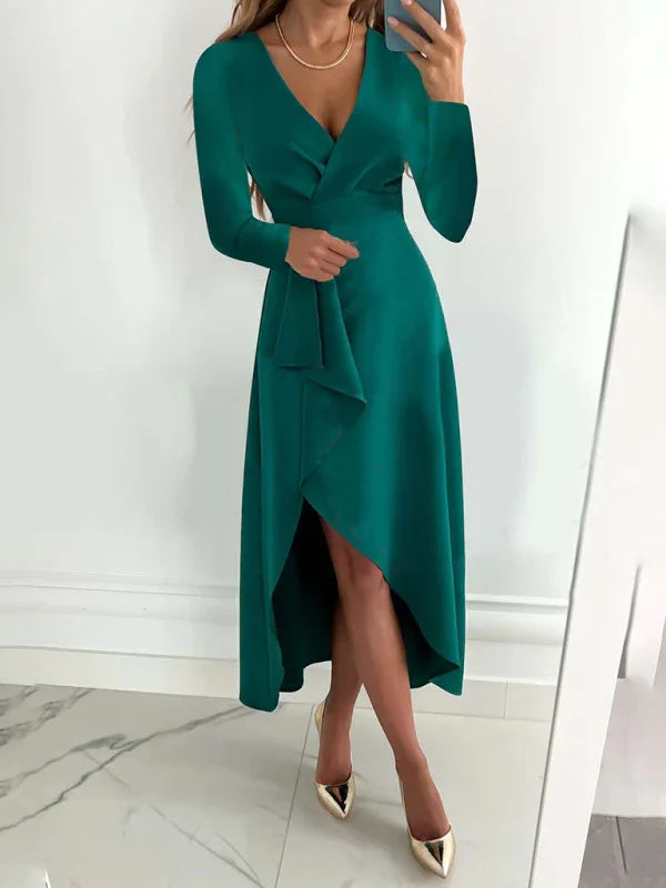 Women's Long Sleeve V-Neck Gathered Hem Slit Dress—Elegance Meets Comfort - Shello's Creative Boutique
