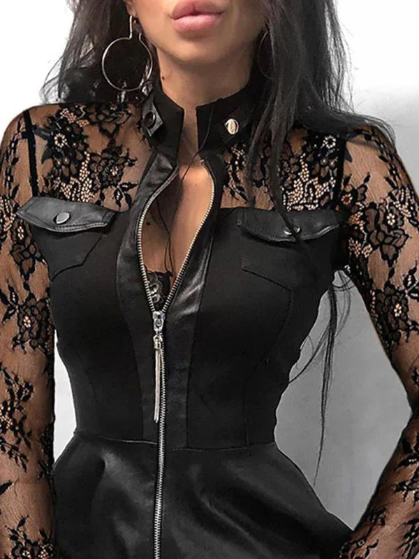 Long Sleeve V-Neck Zipper PU Pocket Dress for Women - Shello's Creative Boutique
